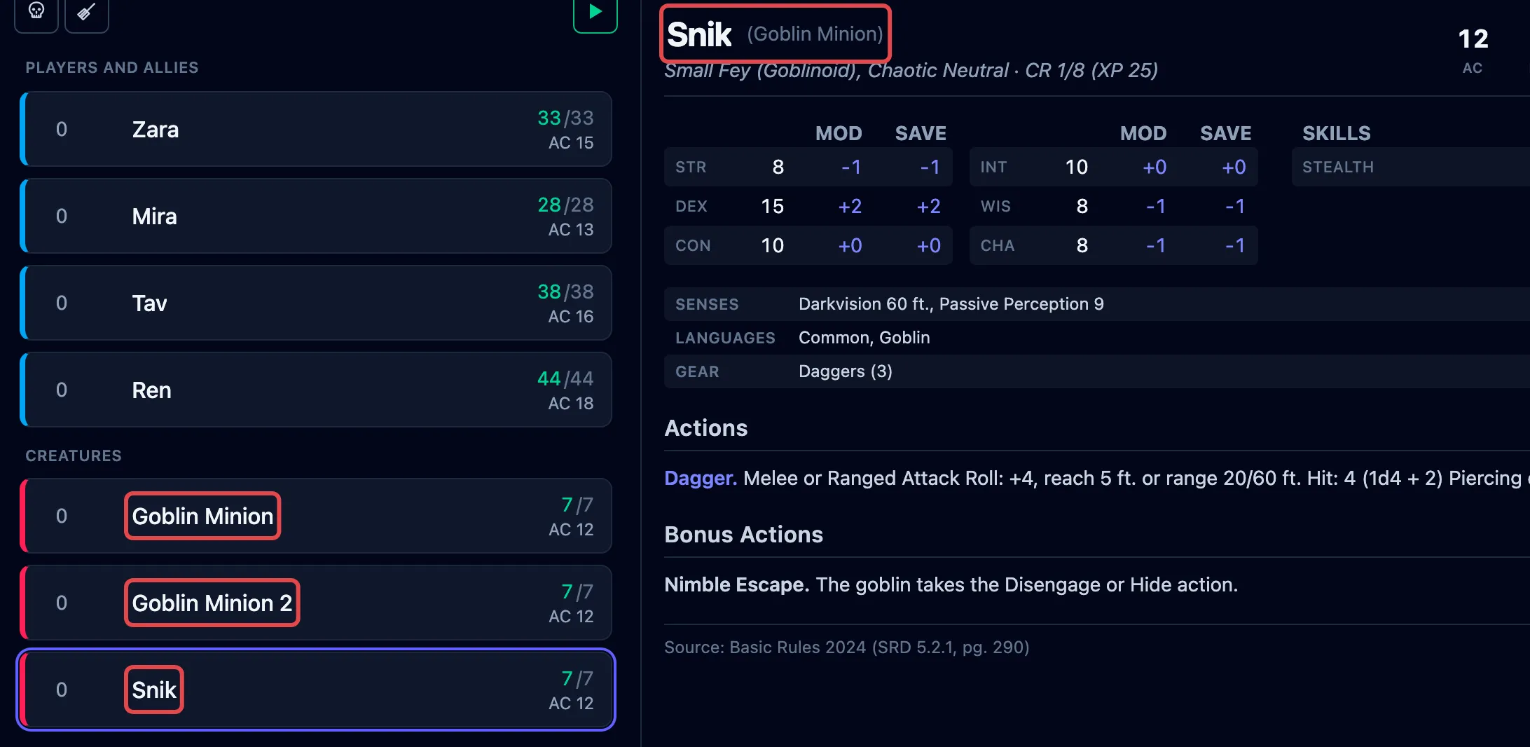 Three goblins in the tracker outlined in red: Goblin Minion, Goblin Minion 2, and a renamed Snik whose stat block reads Snik (Goblin Minion).