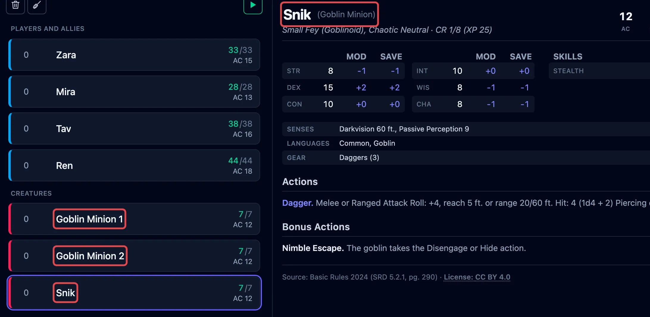 Goblin Minion 1, Goblin Minion 2, and Snik outlined in the tracker, with Snik (Goblin Minion) outlined in the stat block.