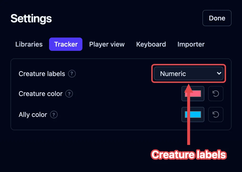 The Tracker tab in Settings, with Creature labels outlined in red and a reset arrow beside each color picker.