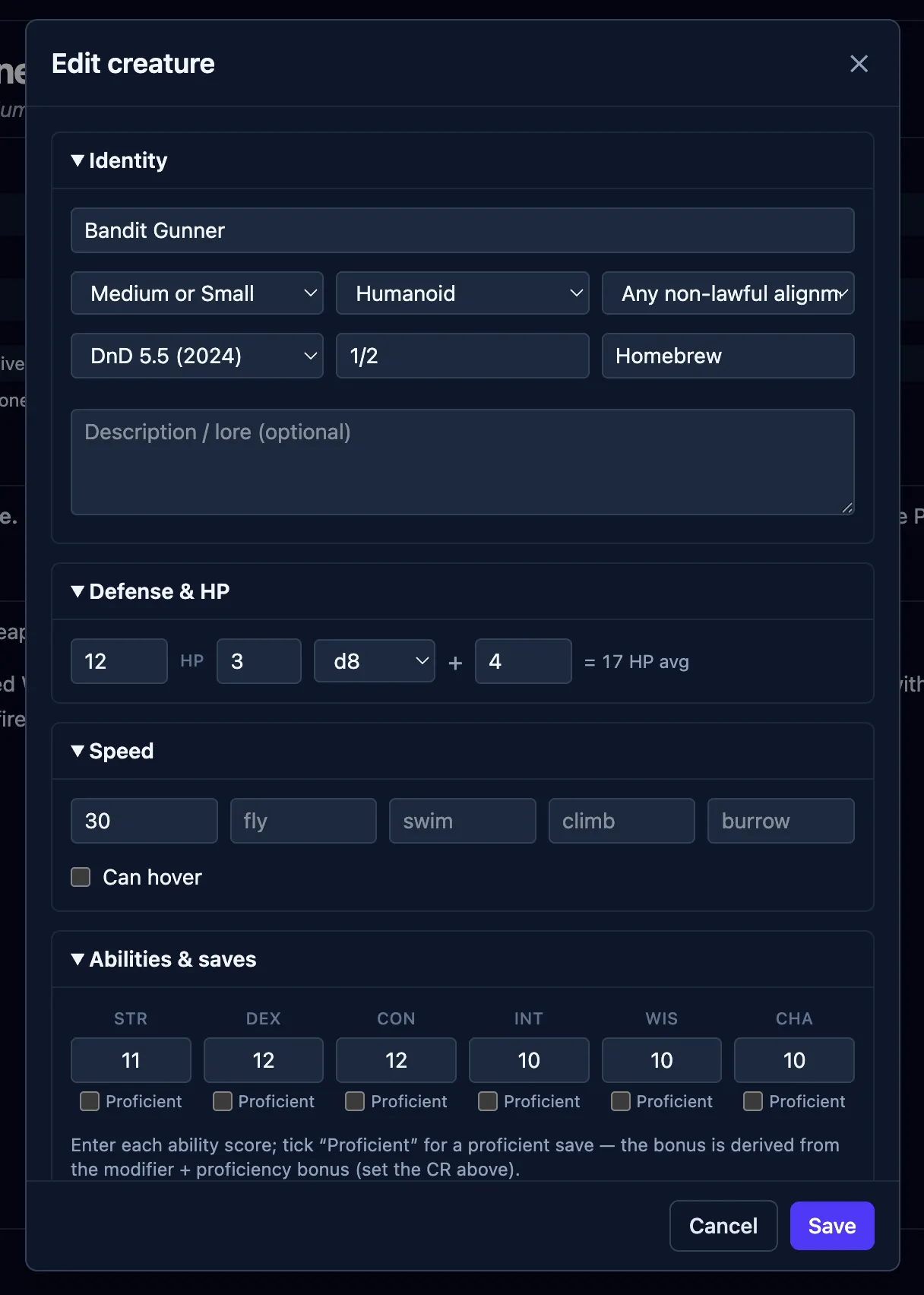 The creature editor on a Bandit Gunner, with its hit dice giving a derived 17 HP average and the ability scores filled in.