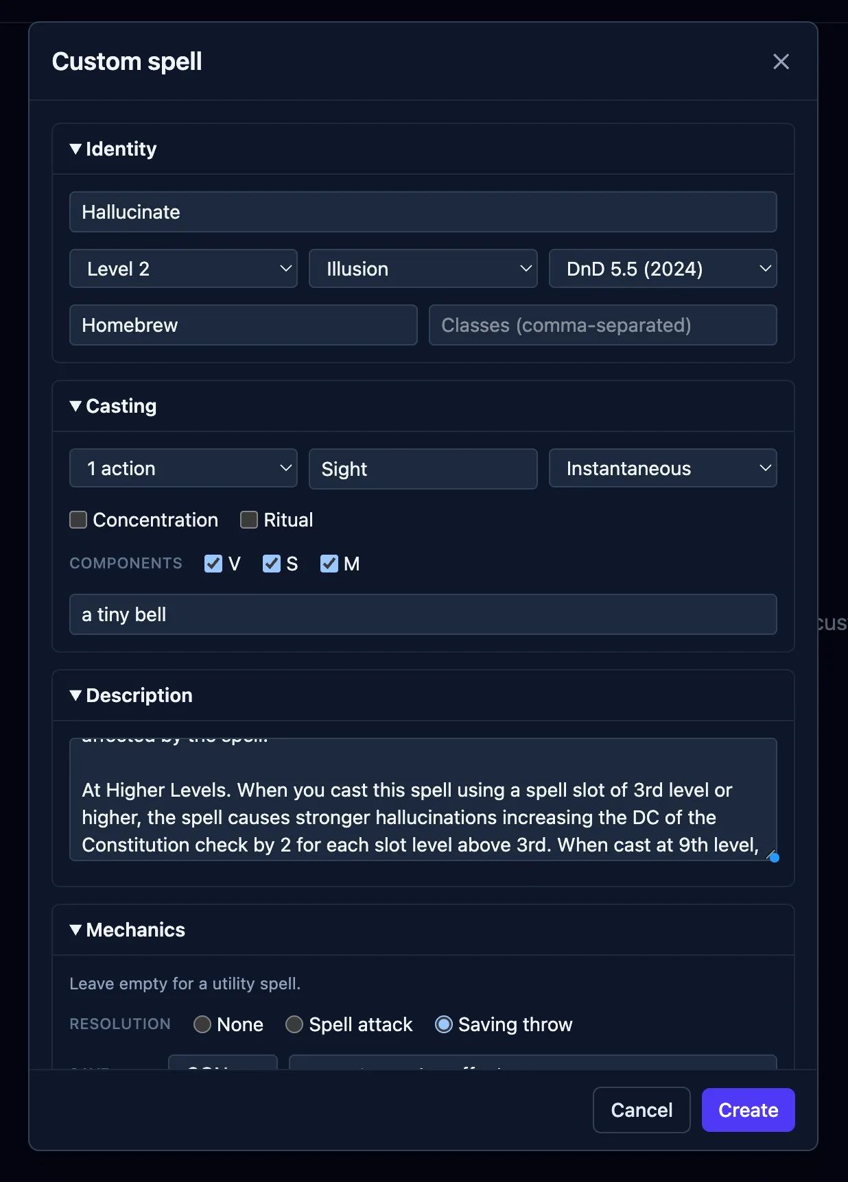 The custom spell editor, showing the Identity, Casting, Description and Mechanics sections.