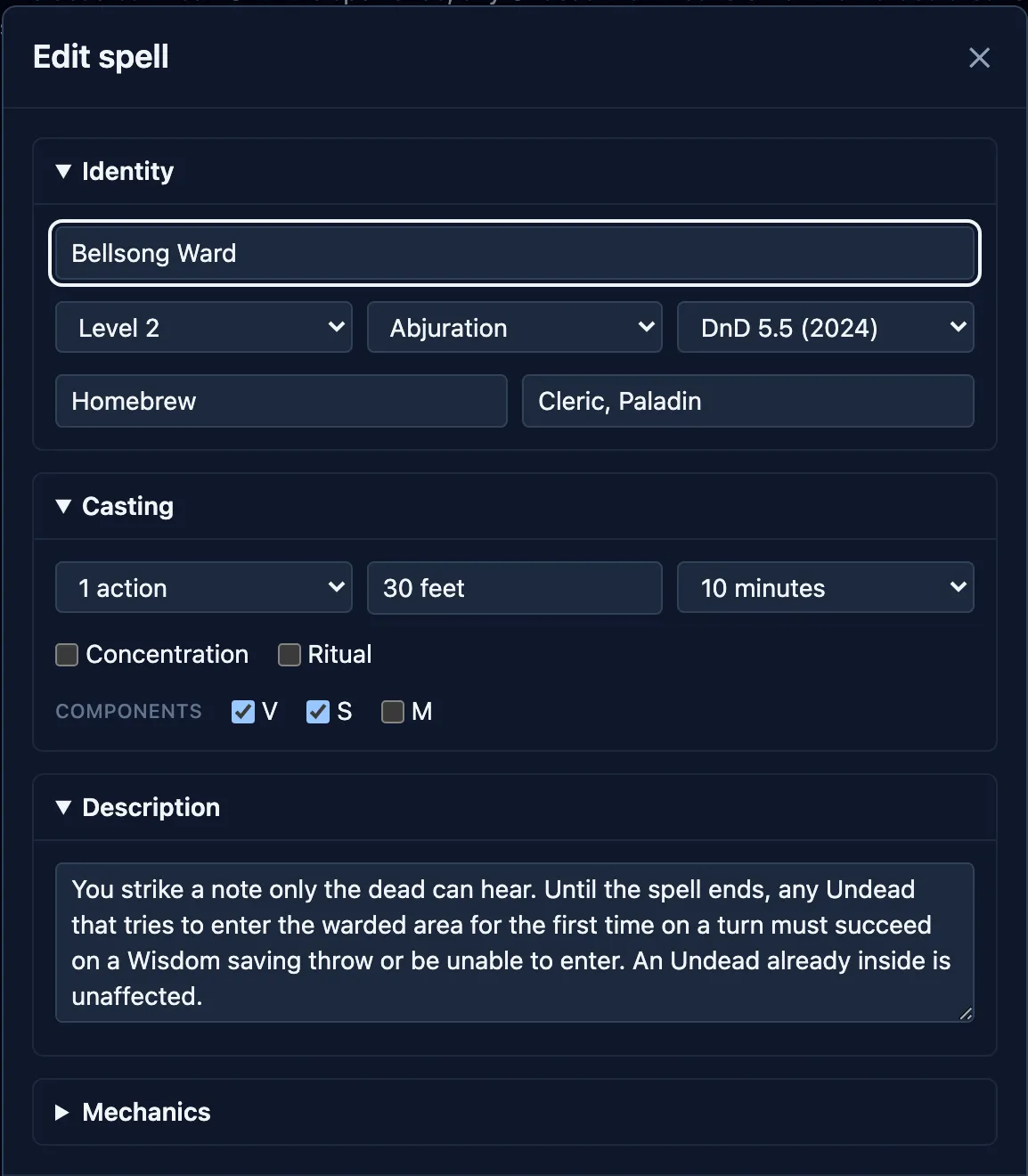 The custom spell editor, showing the Identity, Casting, Description and Mechanics sections.