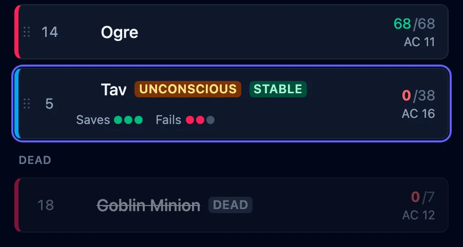 The tracker with a downed player tagged Unconscious and Stable, above a Dead heading holding a struck-through, grayed-out Goblin Minion.