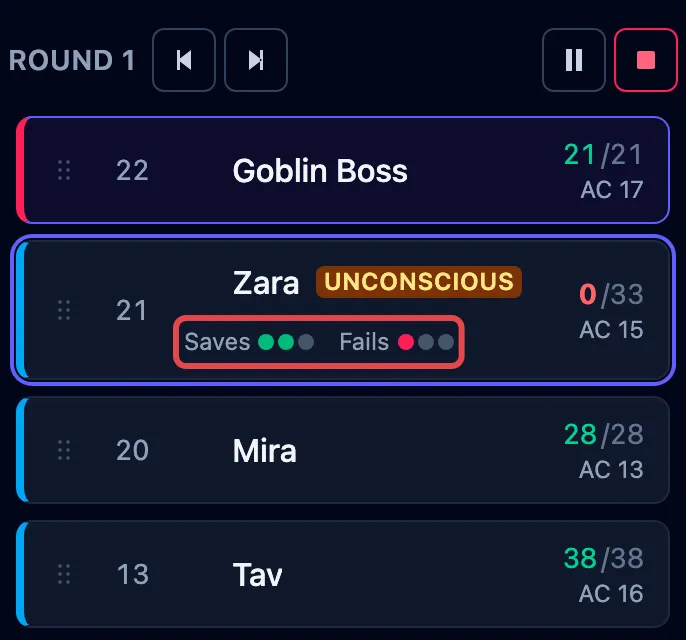 A tracker row for a downed player, tagged Unconscious, with the Saves and Fails pips outlined in red.