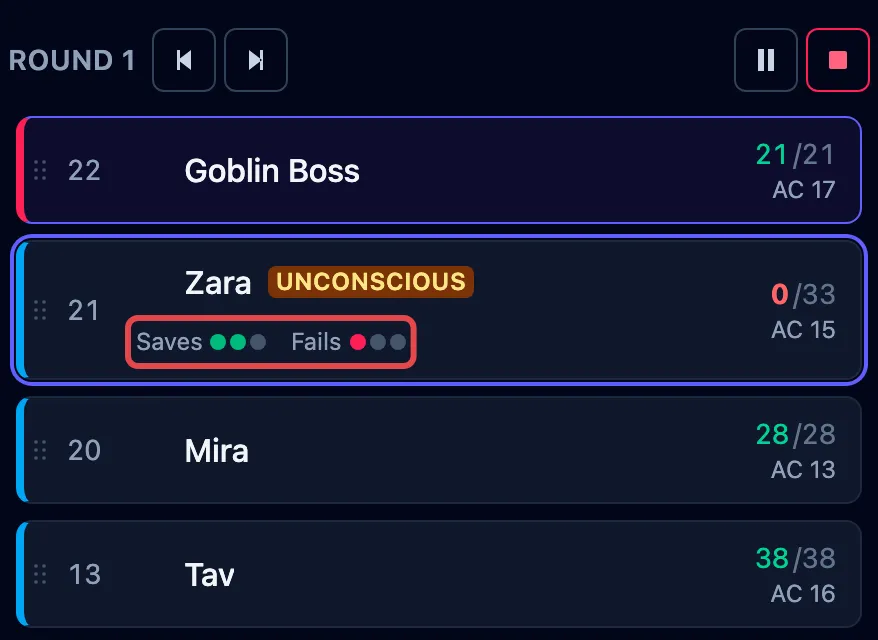 A tracker row for a downed player, tagged Unconscious, with the Saves and Fails pips outlined in red.