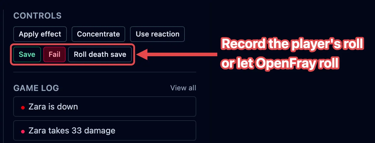 The death save controls, with Save and Fail outlined in red alongside Roll death save.