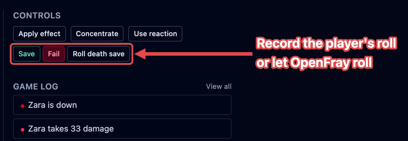 The death save controls, with Save and Fail outlined in red alongside Roll death save.