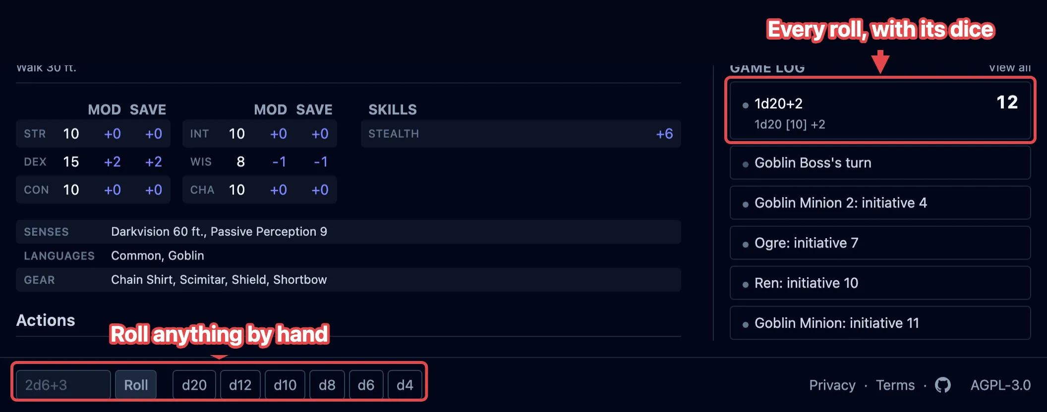 The dice bar at the bottom of the screen and a log entry reading “1d20 [16] +2”, both outlined in red and labeled.