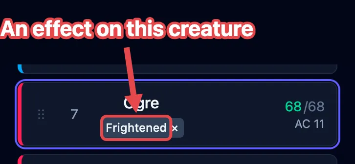 A tracker row for an Ogre with its Frightened badge outlined in red and labeled as an effect on the creature.