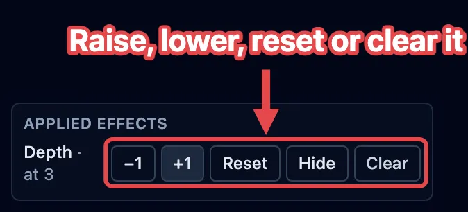 A Depth counter in the Applied effects list reading “Depth · at 3”, with its −1, +1, Reset and Clear buttons outlined in red.