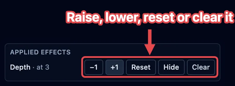 A Depth counter in the Applied effects list reading “Depth · at 3”, with its −1, +1, Reset and Clear buttons outlined in red.