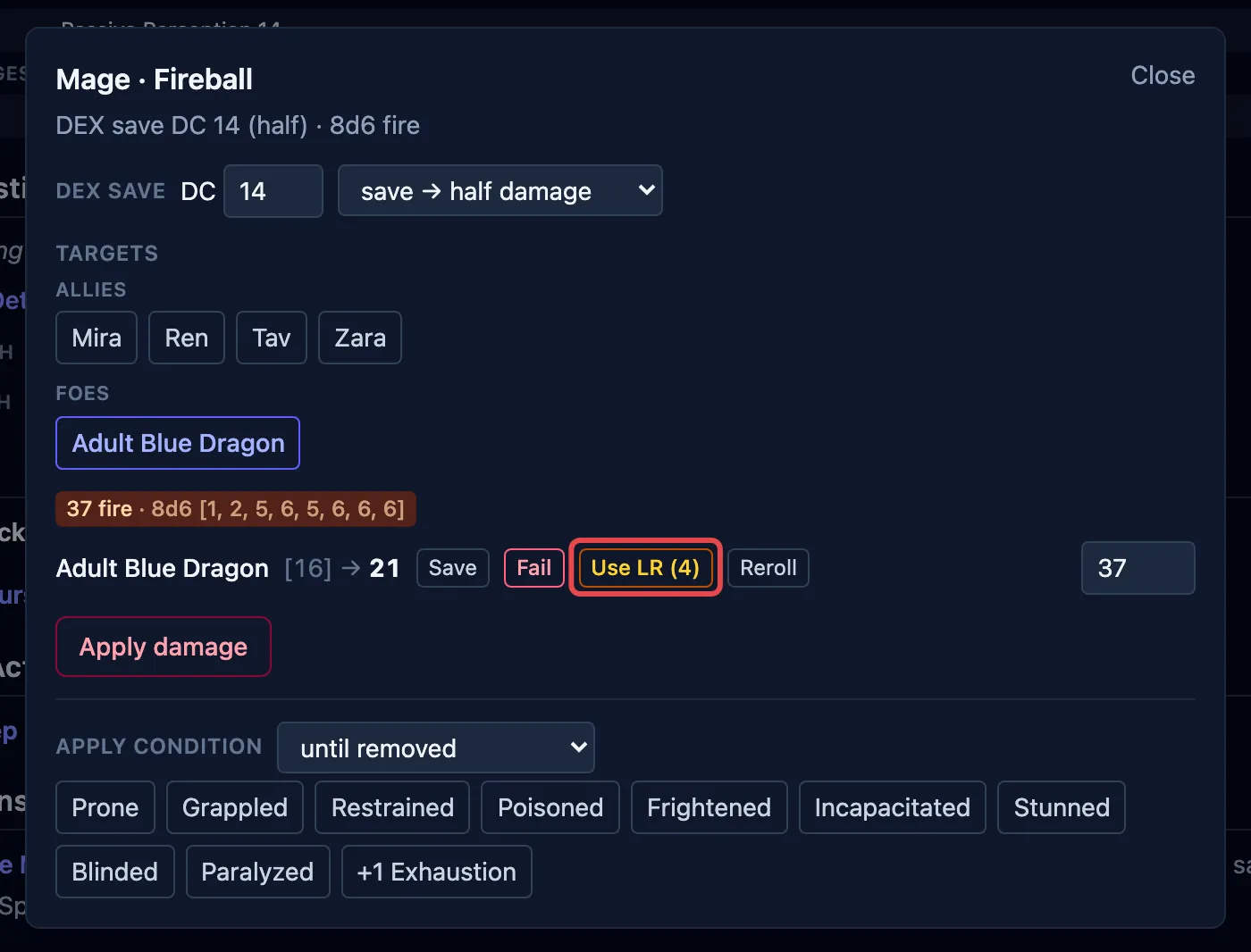 Resolving a Fireball save: after the Adult Blue Dragon fails, a red-outlined “Use LR (4)” button converts the failure into a success.