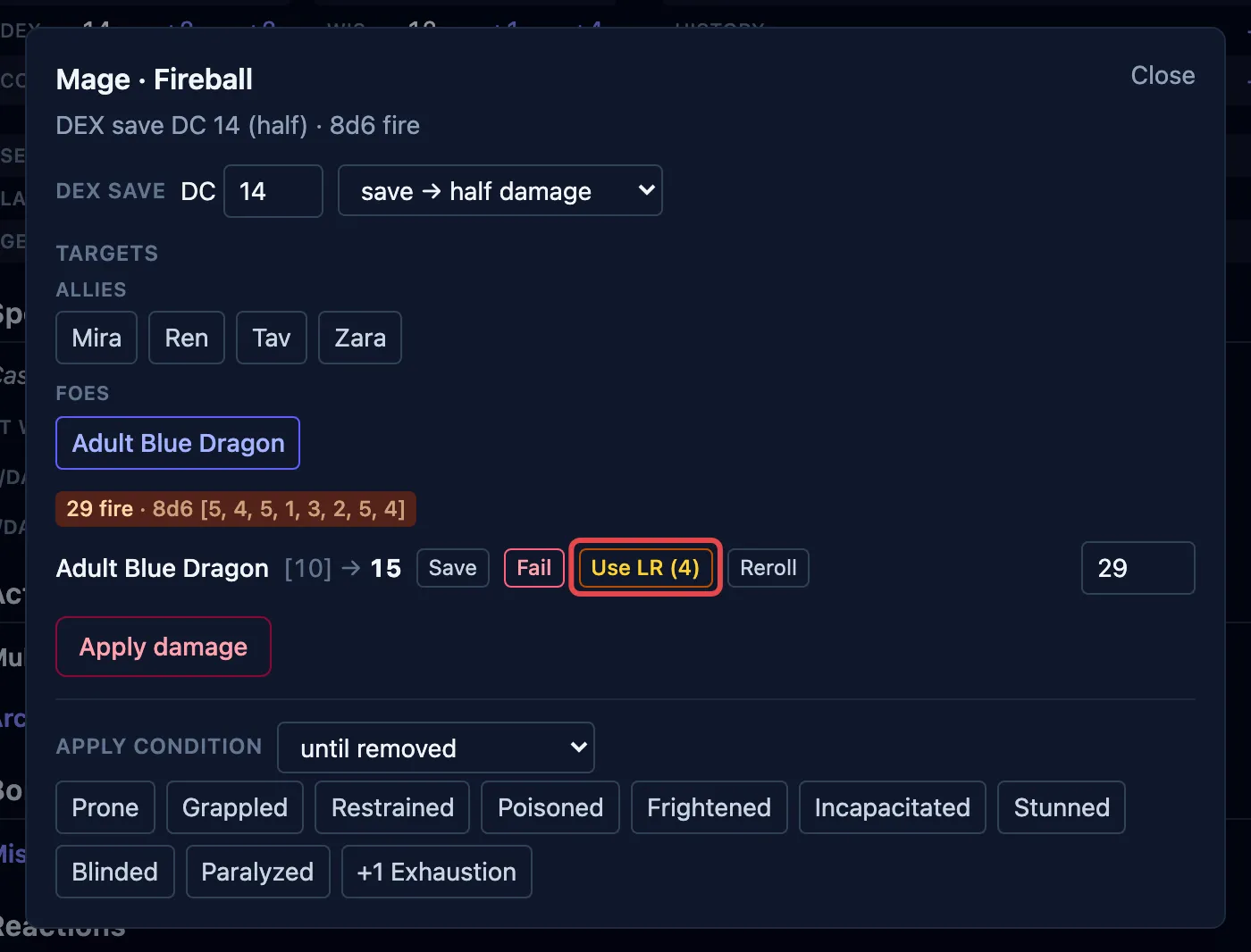 Resolving a Fireball save: after the Adult Blue Dragon fails, a red-outlined “Use LR (4)” button converts the failure into a success.
