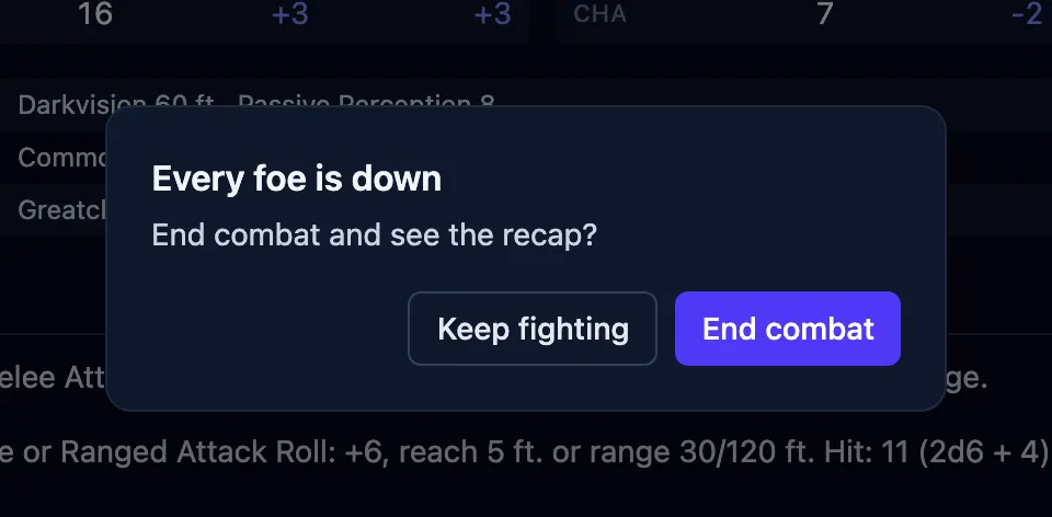 The “Every foe is down” alert asking whether to end combat, with Keep fighting and End combat buttons.