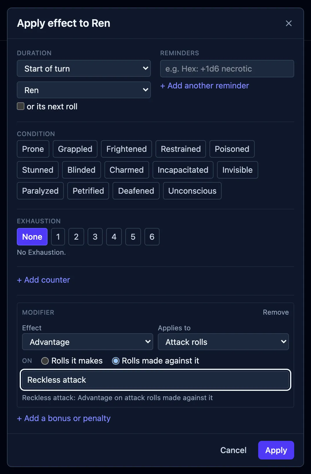The Apply effect box set up for Reckless: Advantage on attack rolls made against it, with the summary line text.