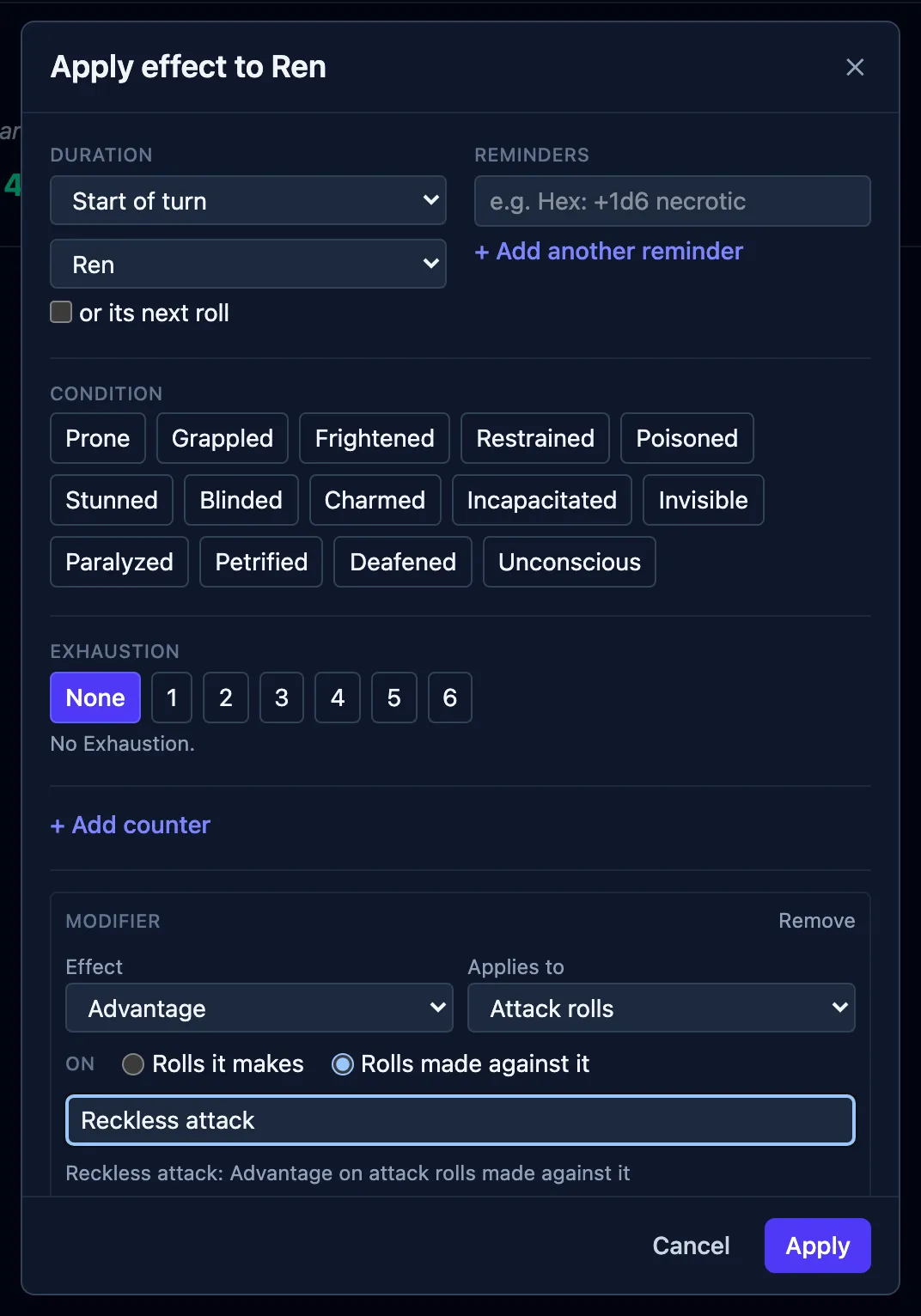 The Apply effect box set up for Reckless: Advantage on attack rolls made against it, with the summary line text.