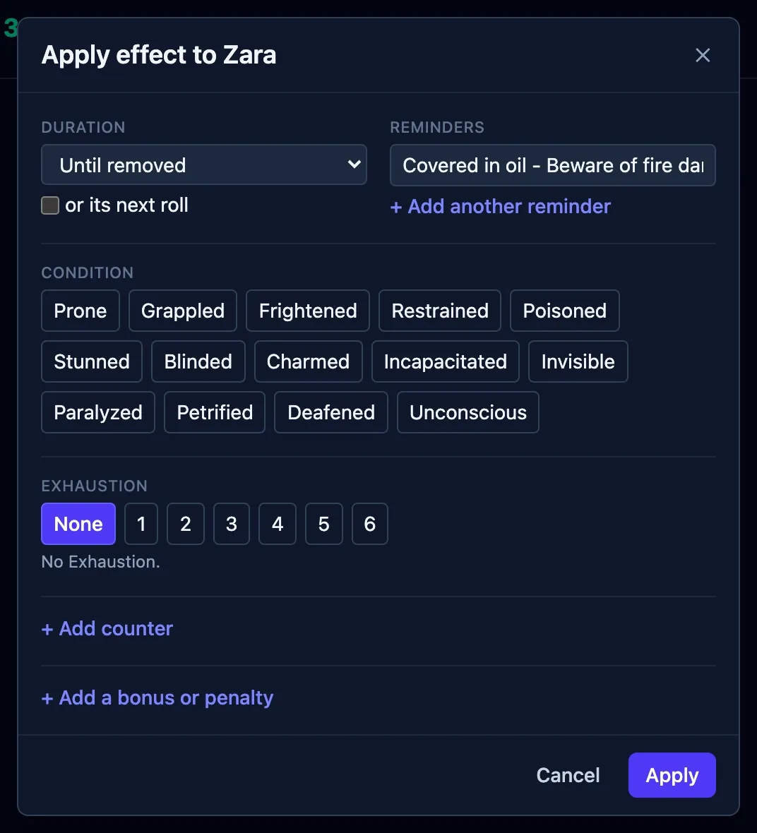 The Apply effect box with a free-text reminder typed into the Reminder field.