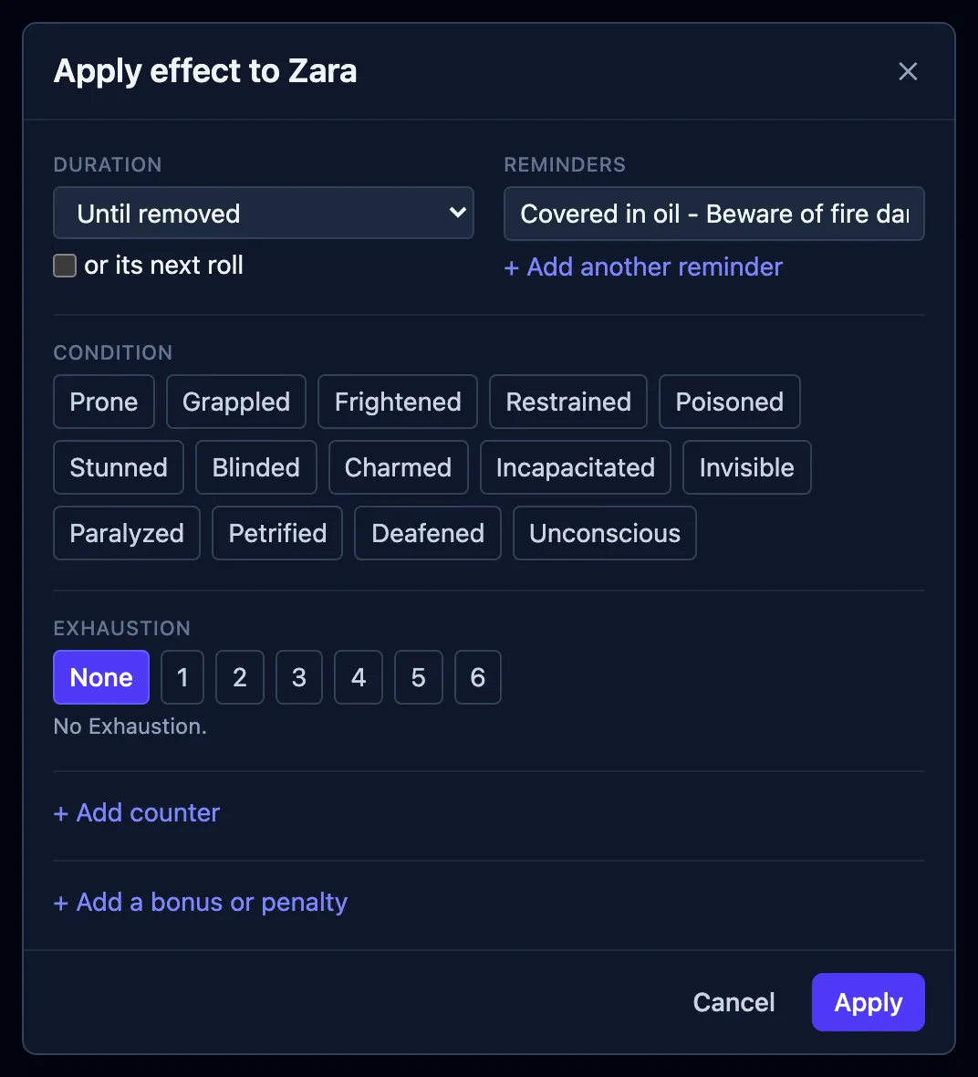 The Apply effect box with a free-text reminder typed into the Reminder field.