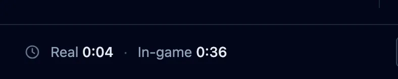 The footer clocks during a fight, with Real elapsed time beside the In-game clock at 0.