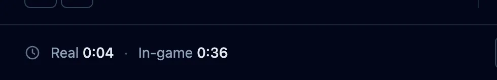 The footer clocks during a fight, with Real elapsed time beside the In-game clock at 0.