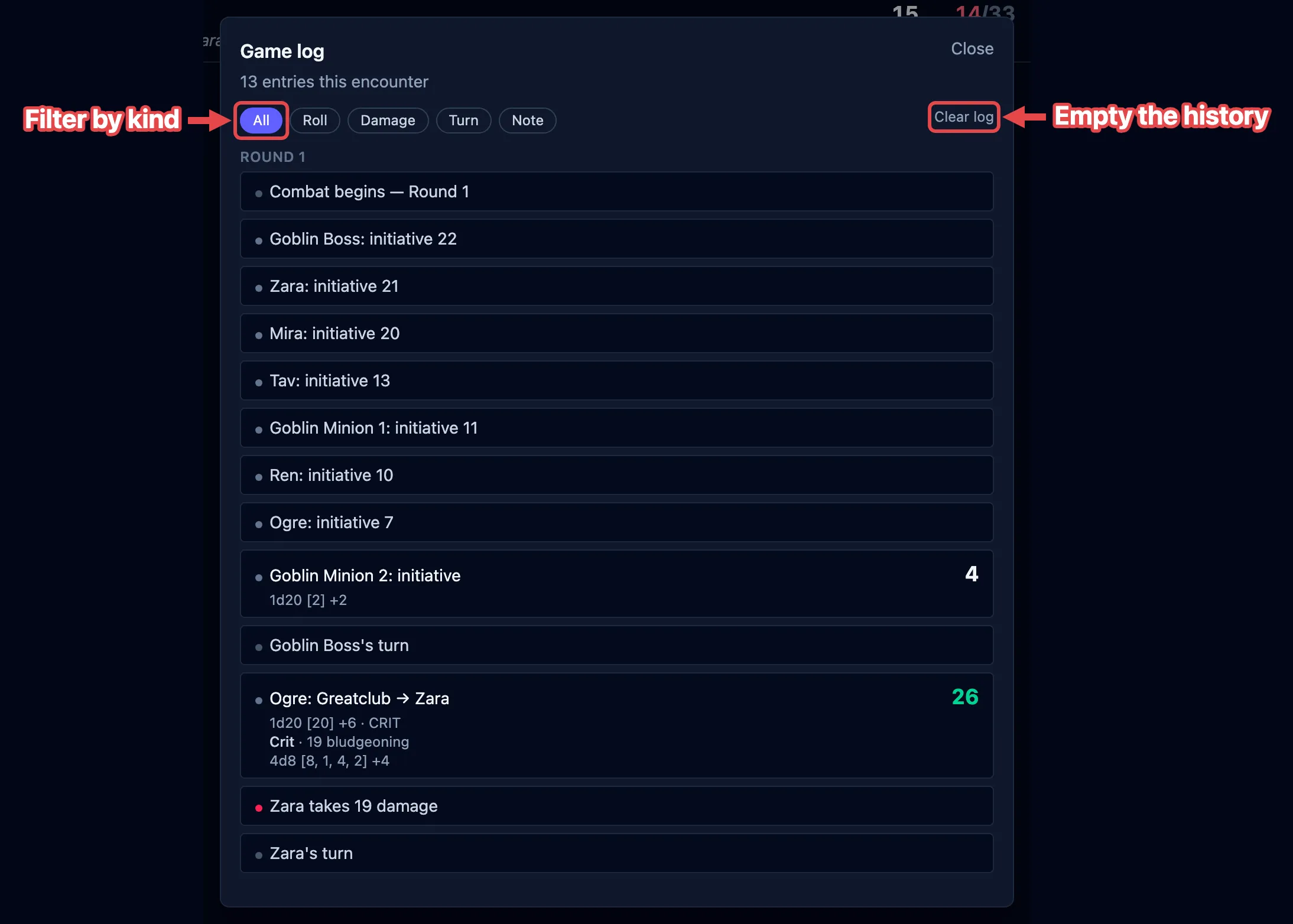 The full game log grouped by round, with the category filter chips and the Clear log link outlined in red and labeled.