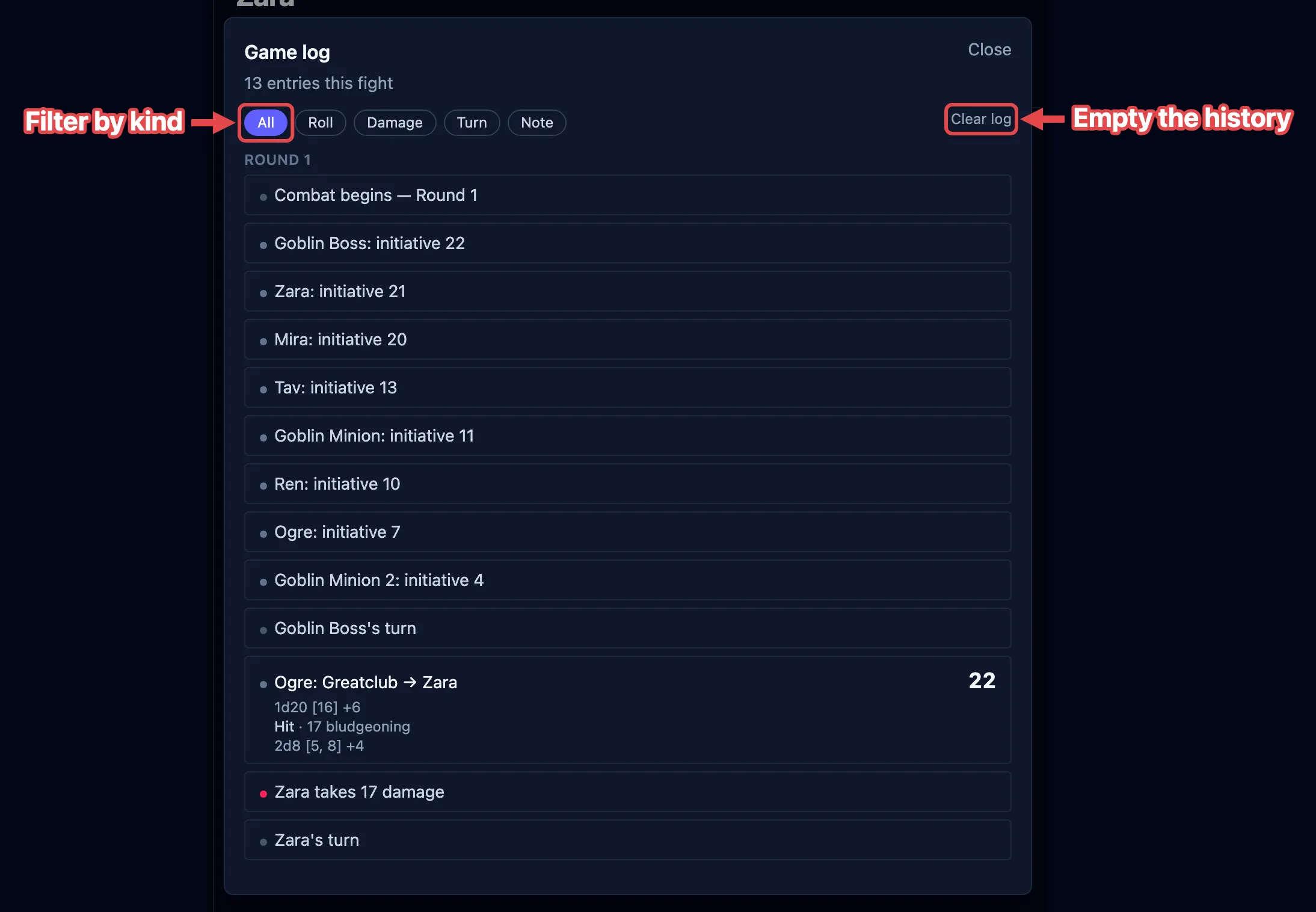 The full game log grouped by round, with the category filter chips and the Clear log link outlined in red and labeled.