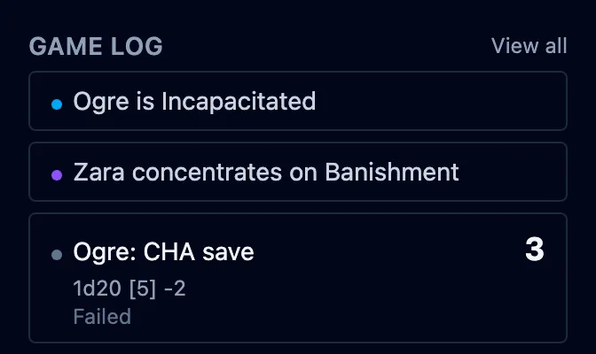 The game log after Banishment lands: the Ogre incapacitated, Zara marked concentrating, and the failed CHA save below.