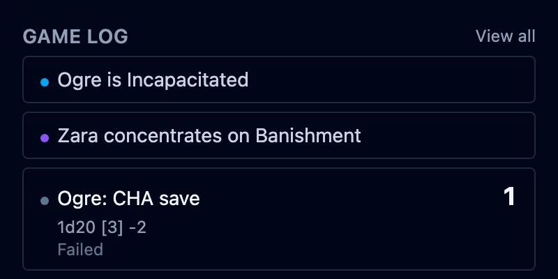 The game log after Banishment lands: the Ogre incapacitated, Zara marked concentrating, and the failed CHA save below.