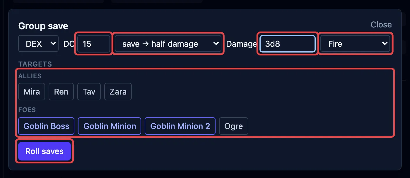 The Group save box, with the DC, the on-save rule, the damage field, the damage type, the target list and the Roll saves button outlined in red.