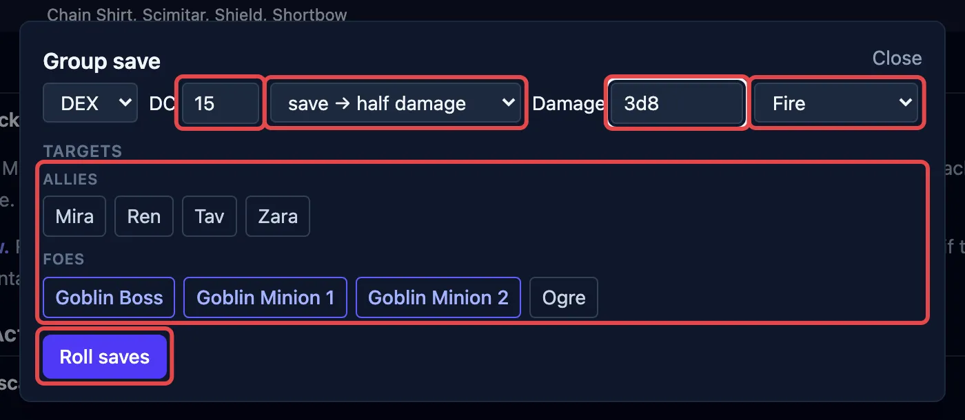 The Group save box, with the DC, the on-save rule, the damage field, the damage type, the target list and the Roll saves button outlined in red.