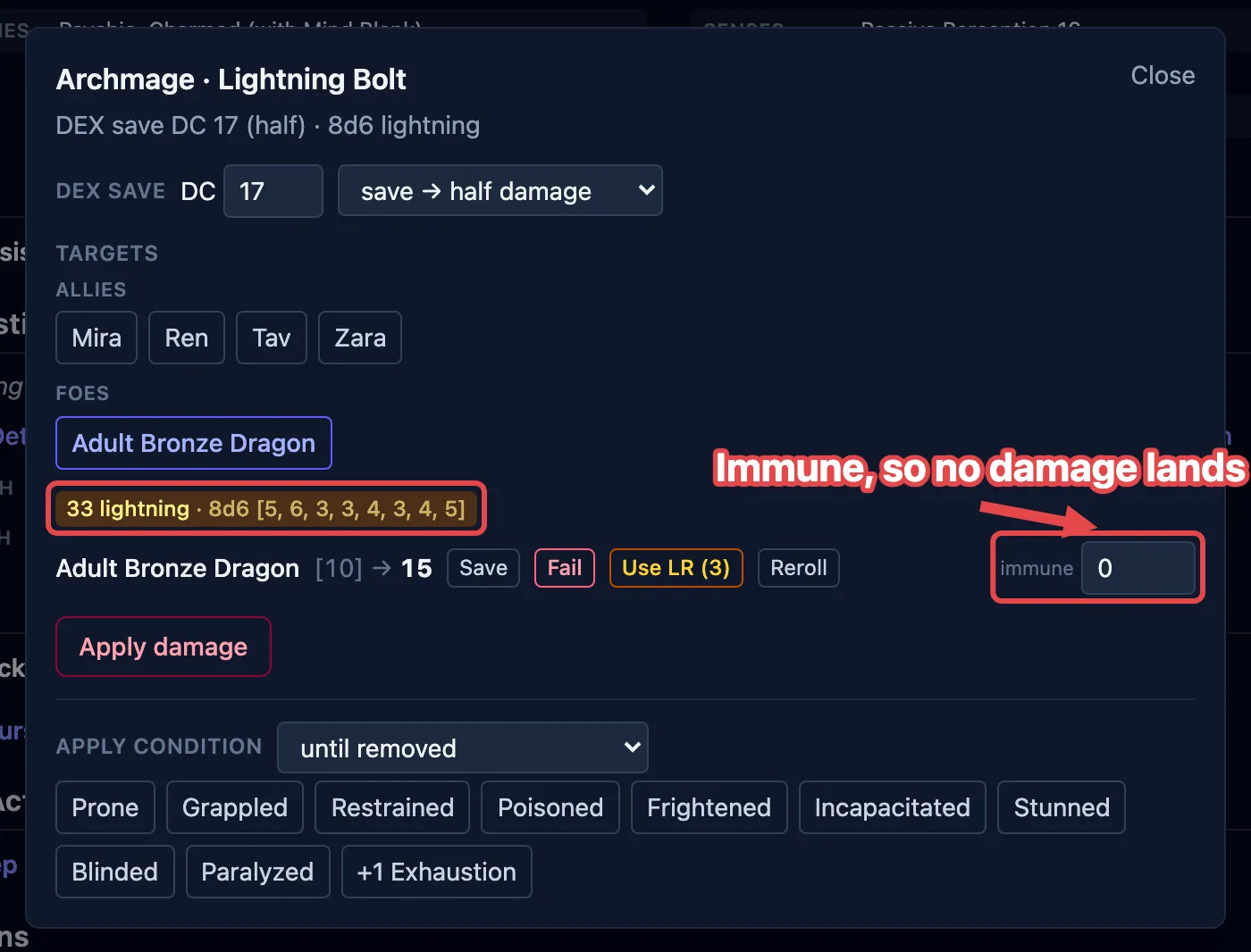 A Lightning Bolt resolved against a lightning-immune dragon, its damage forced to 0 and labeled immune.