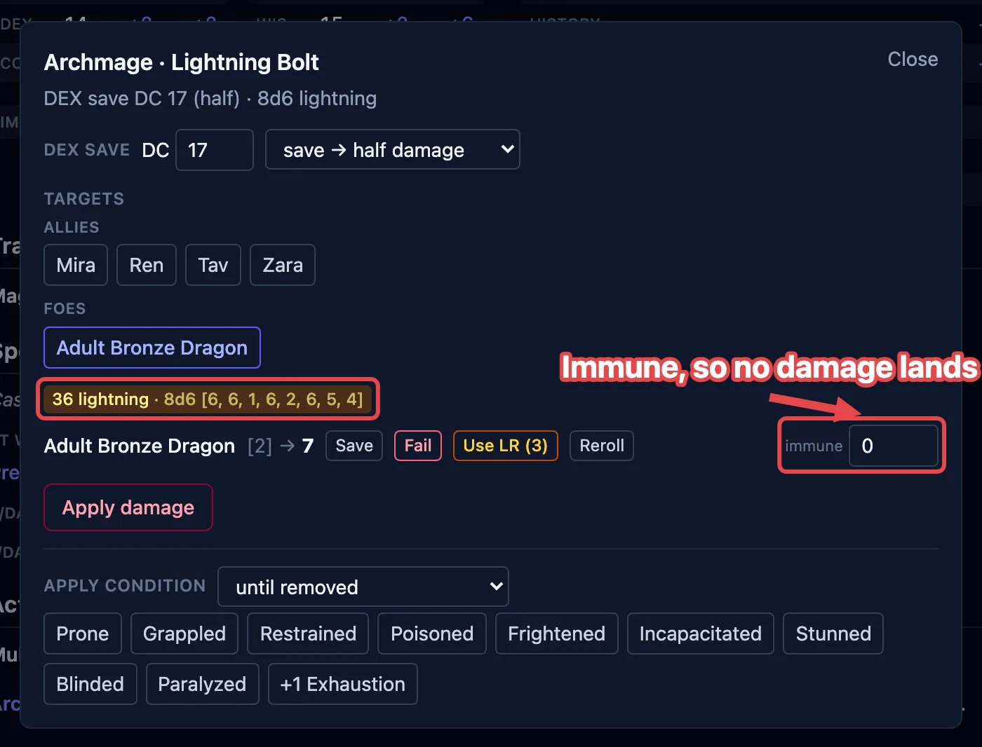 A Lightning Bolt resolved against a lightning-immune dragon, its damage forced to 0 and labeled immune.