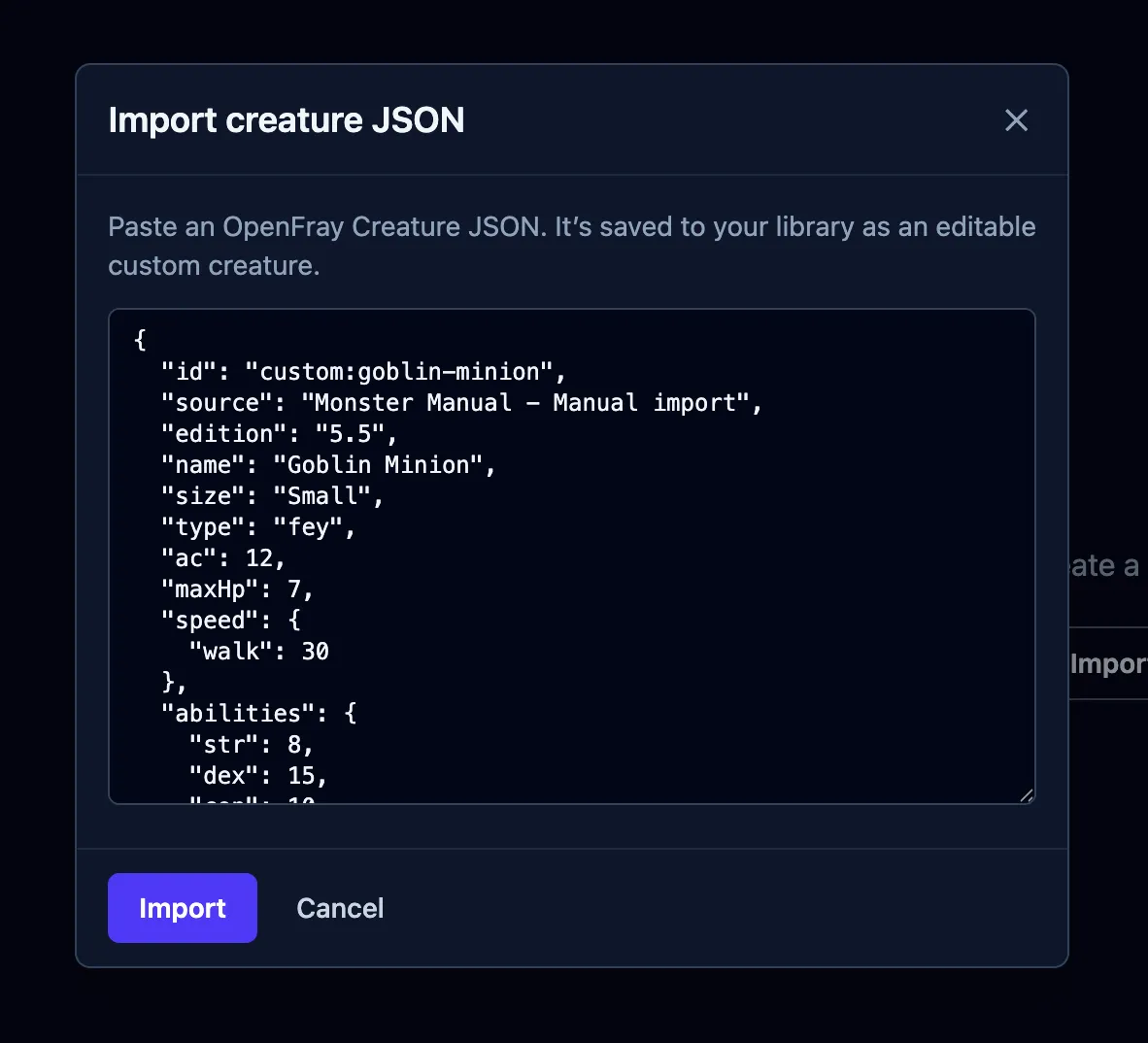 The Import a creature box in OpenFray, with the pasted creature and an Import button.