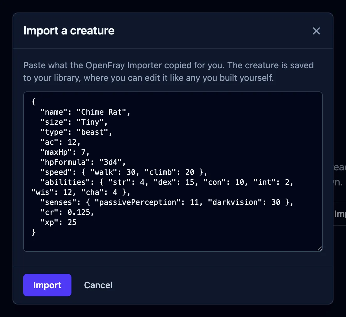 The Import a creature box in OpenFray, with the pasted creature and an Import button.