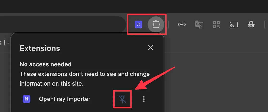Chrome’s Extensions menu, with the pin icon beside OpenFray Importer outlined in red to pin it to the toolbar.