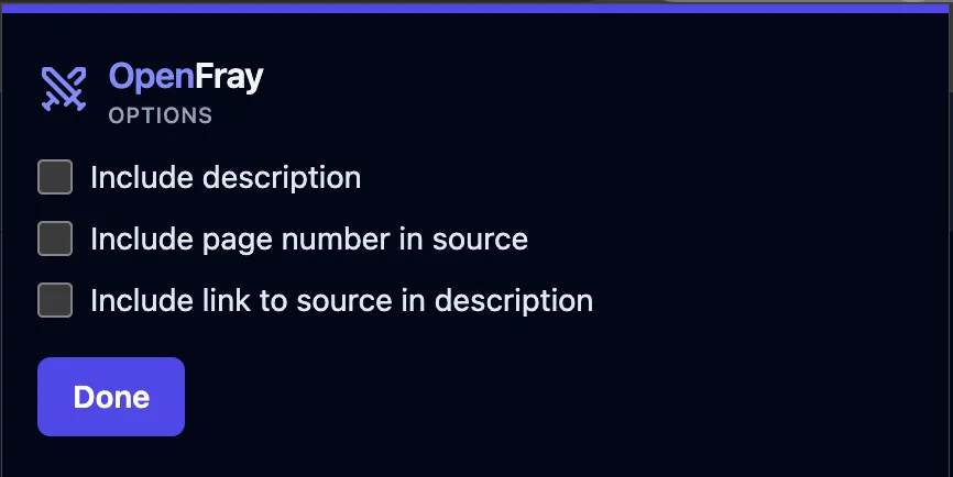 The importer’s Options panel: three unchecked toggles above a Done button.