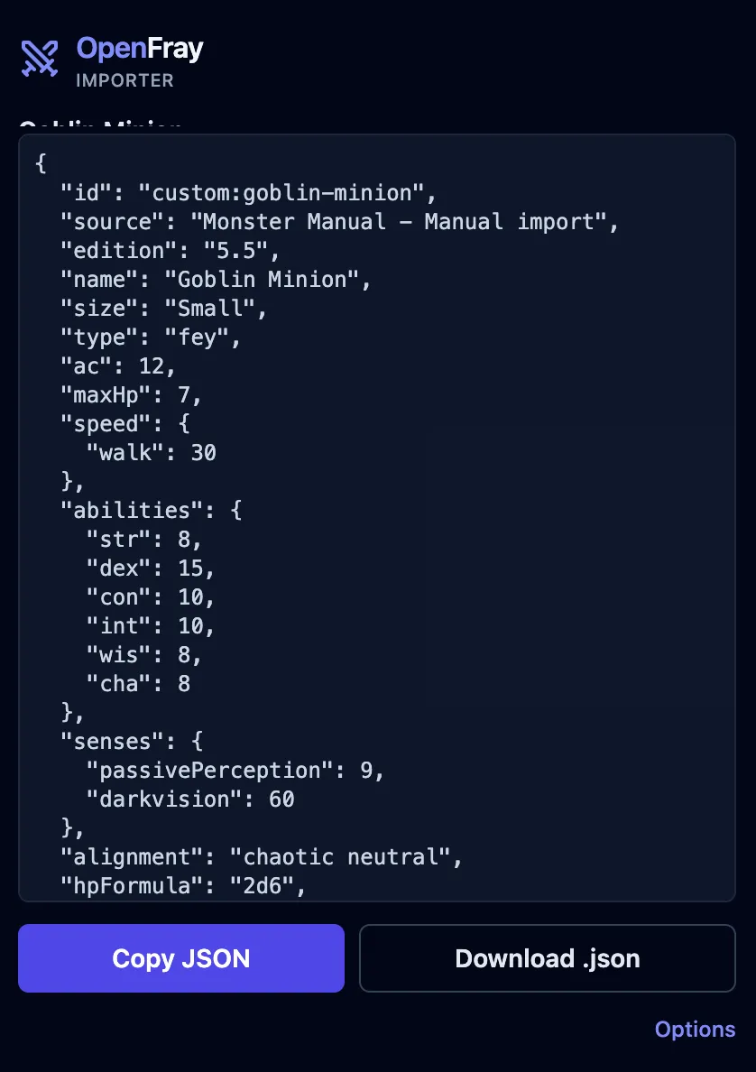The OpenFray Importer popup, showing a converted Goblin Minion with Copy JSON and Download .json buttons.