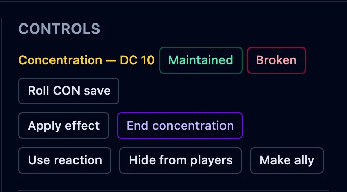 The concentration-check prompt reading “Concentration, DC 10” with Maintained, Broken, and Roll CON save buttons in the controls.