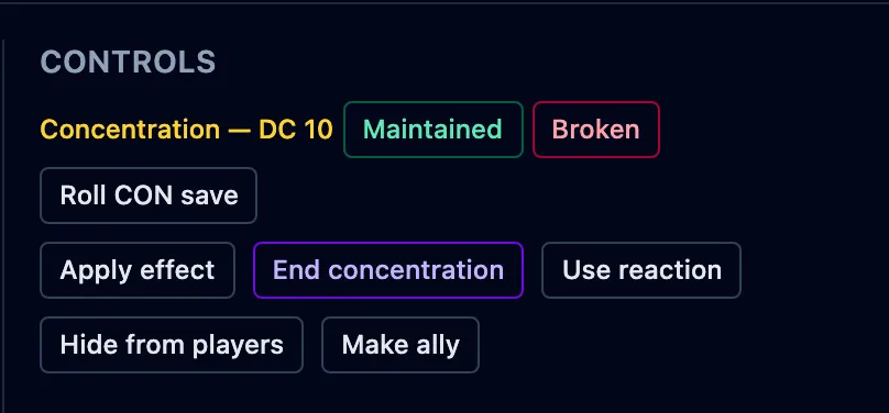 The concentration-check prompt reading “Concentration, DC 10” with Maintained, Broken, and Roll CON save buttons in the controls.