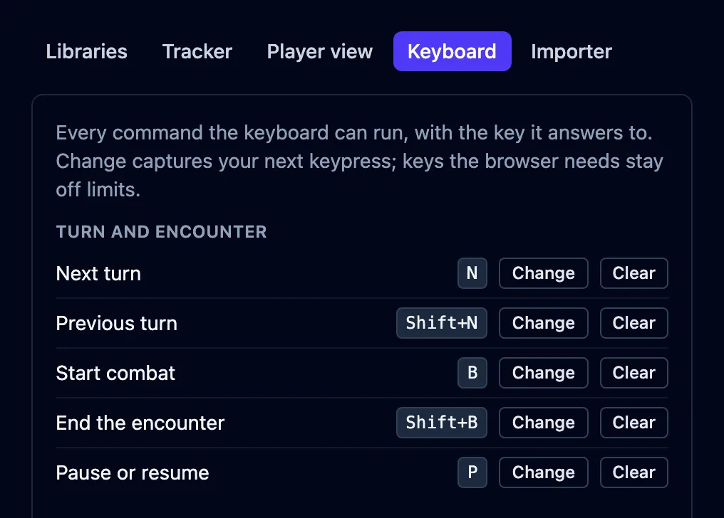 The Keyboard tab in Settings, selected in the tab strip, above the Turn and encounter rows with their keys, Change and Clear buttons.