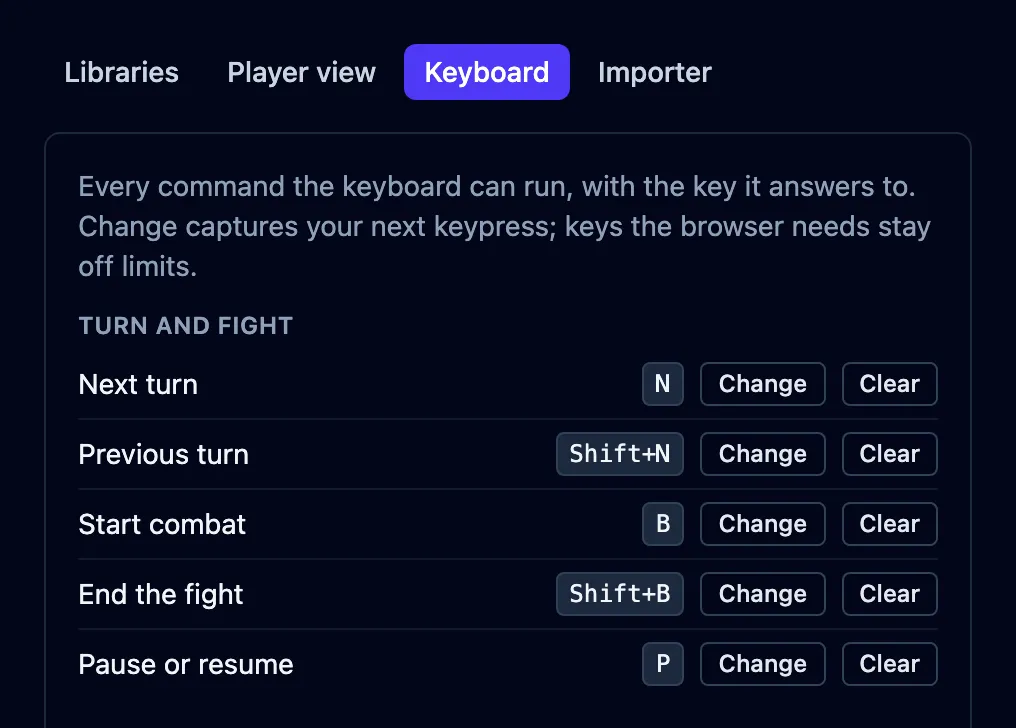 The Keyboard tab in Settings, selected in the tab strip, above the Turn and fight rows with their keys, Change and Clear buttons.