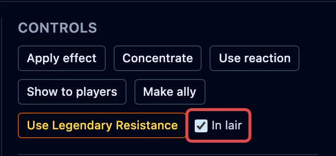 The In lair checkbox, checked and outlined in red, beside the Use Legendary Resistance button in a creature’s controls.