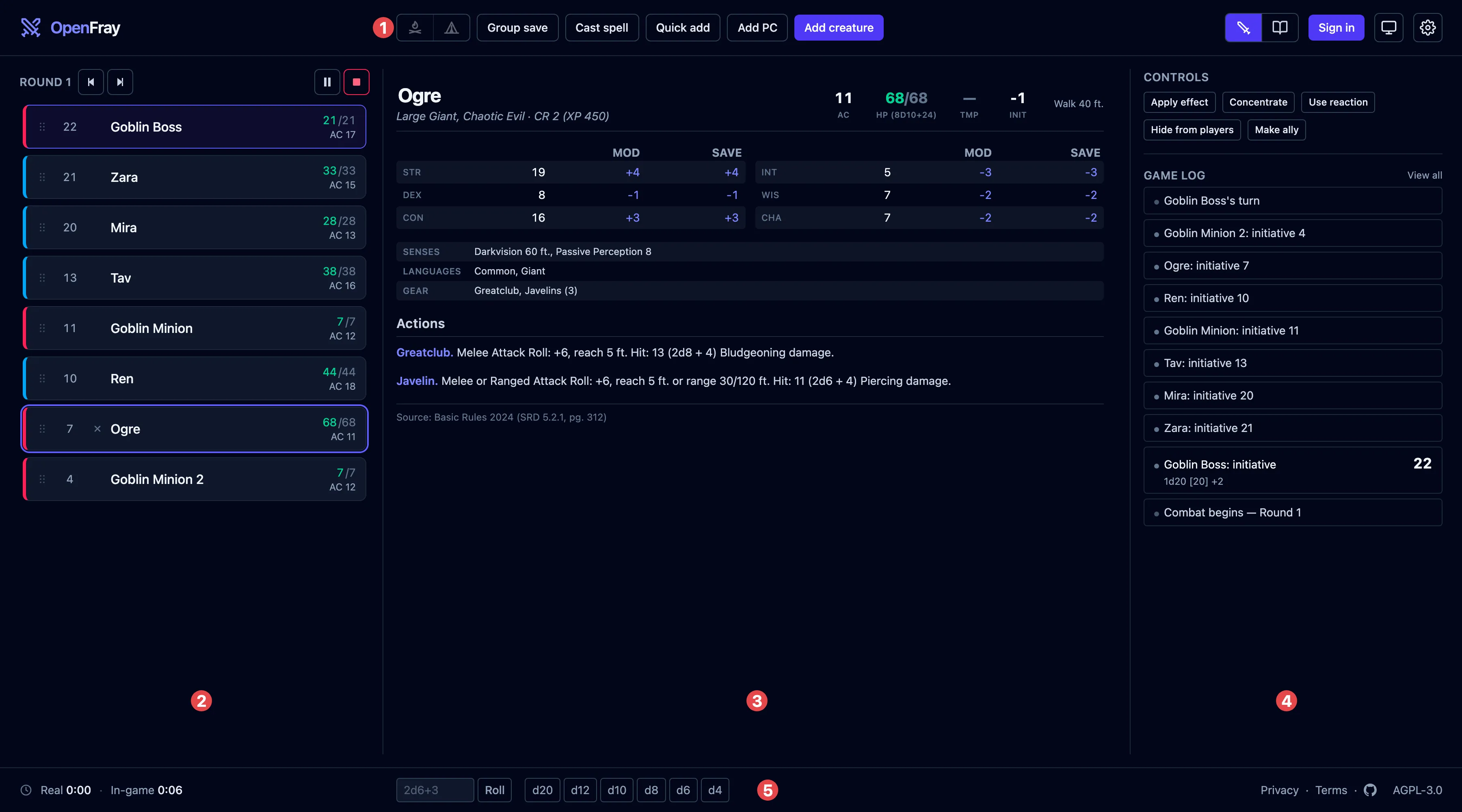 The OpenFray console during a fight, with its five areas marked by red numbered discs, one to five.