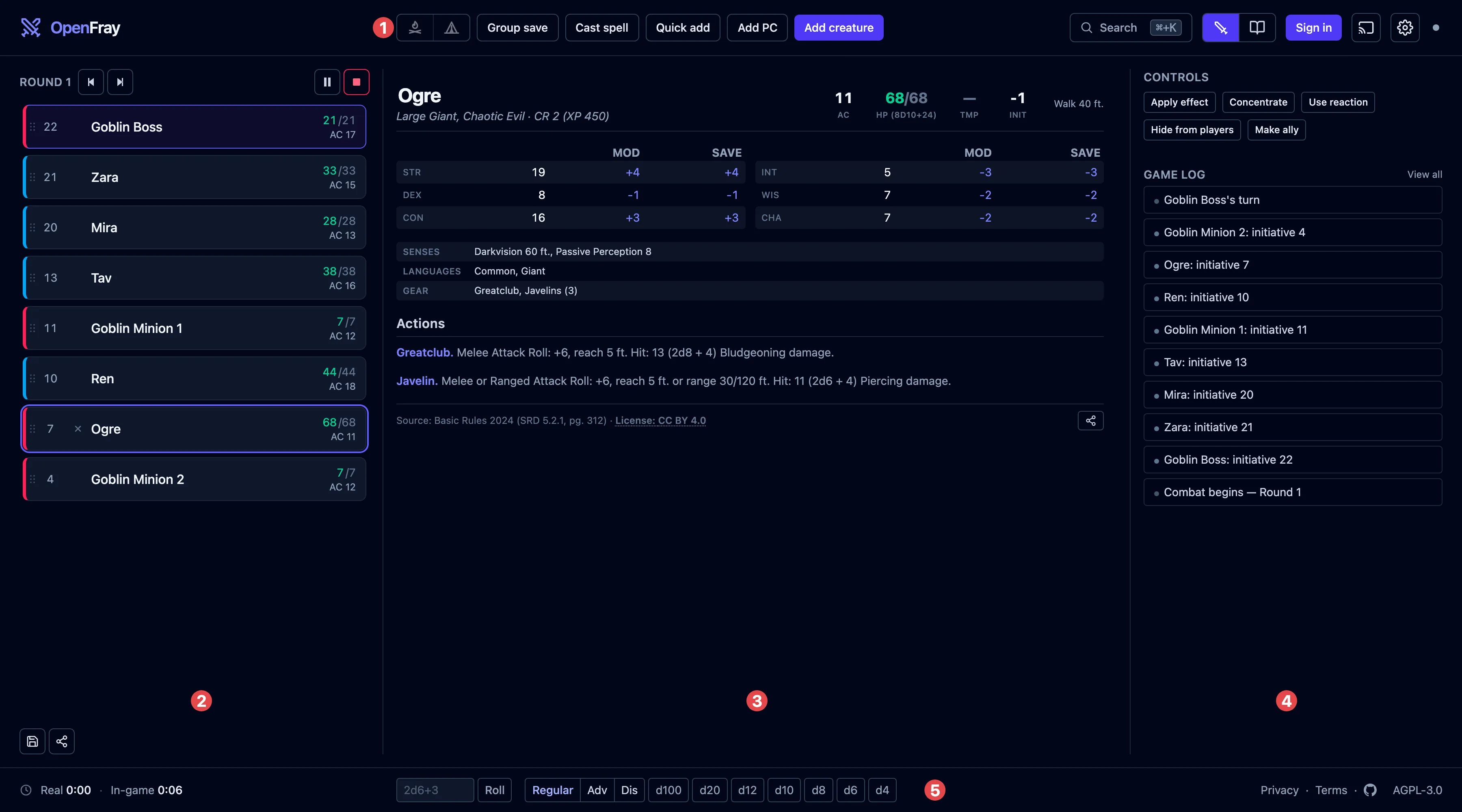 The OpenFray console during a fight, with its five areas marked by red numbered discs, one to five.