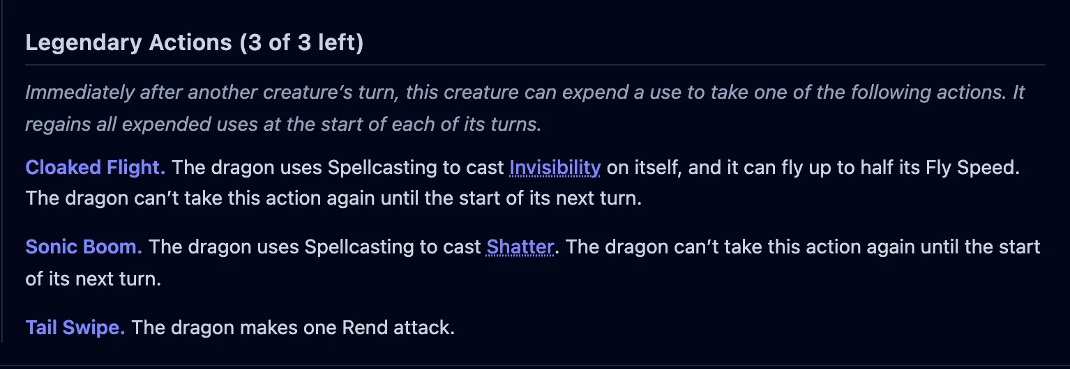 A dragon’s Legendary Actions section headed “Legendary Actions (3 of 3 left)”, listing three clickable actions.
