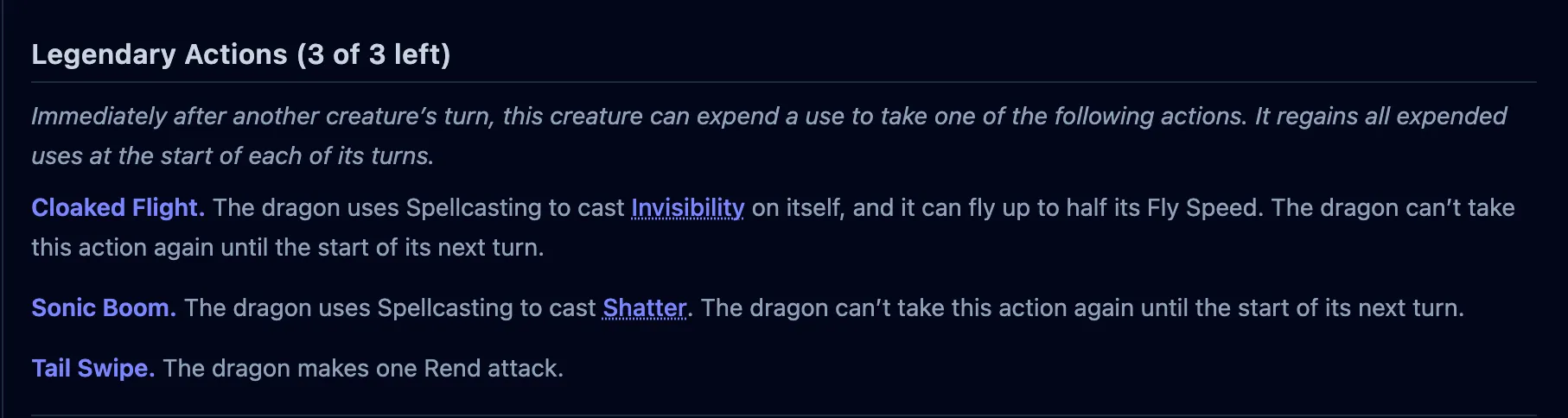 A dragon’s Legendary Actions section headed “Legendary Actions (3 of 3 left)”, listing three clickable actions.