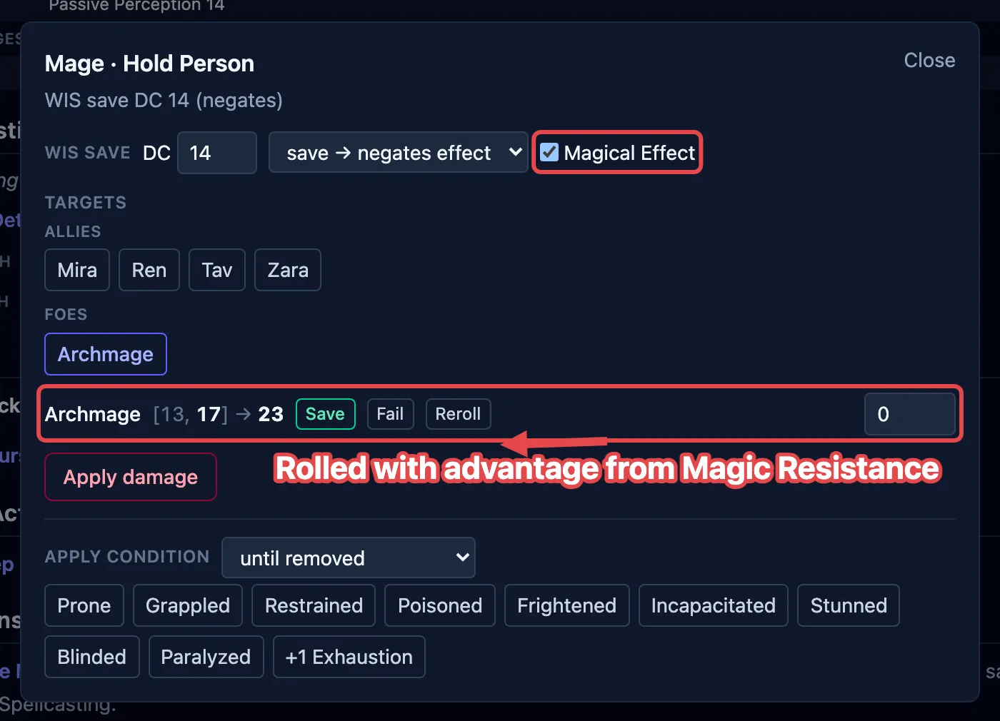 A save with Magical Effect checked, and the target’s row showing the two dice it rolled with advantage from Magic Resistance.