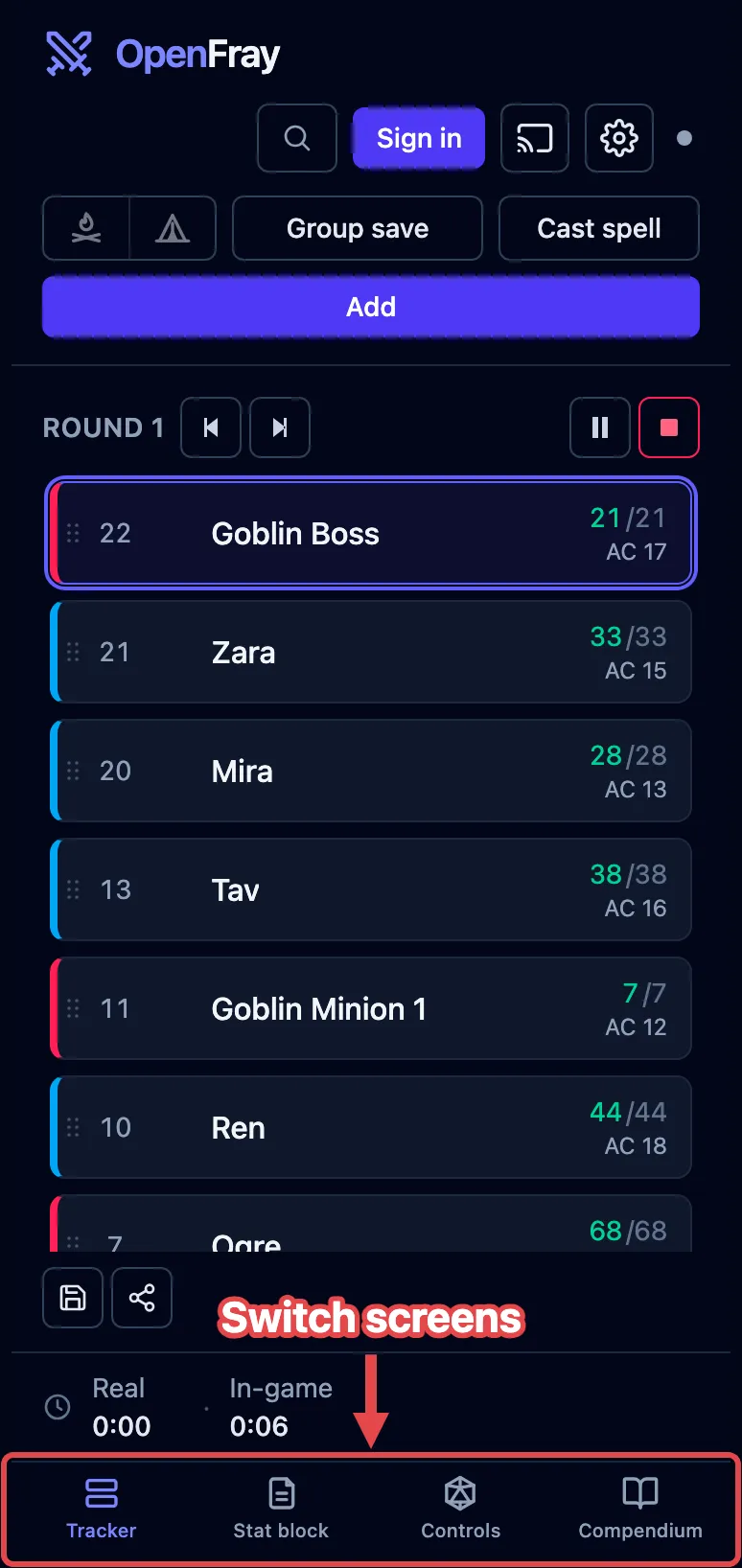 The console on a phone: the stacked header with one Add button, a fight in the tracker, and the bottom bar outlined in red and labeled Switch screens.