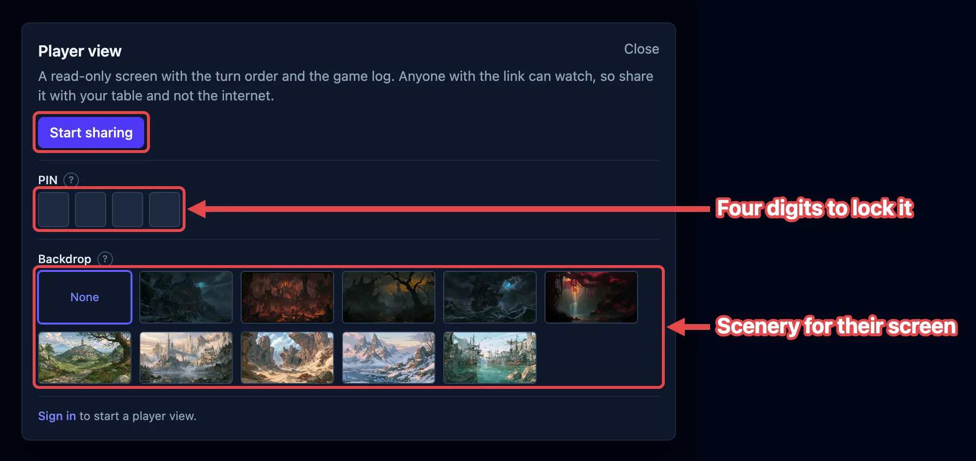 The Player view box with Start sharing outlined in red, and the PIN boxes and the backdrop tiles labeled.