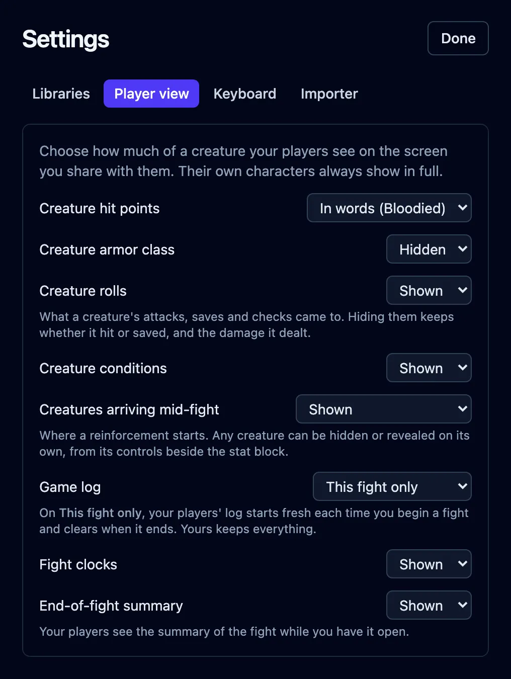 The Player view tab in Settings, listing every choice the shared screen offers with its current value.